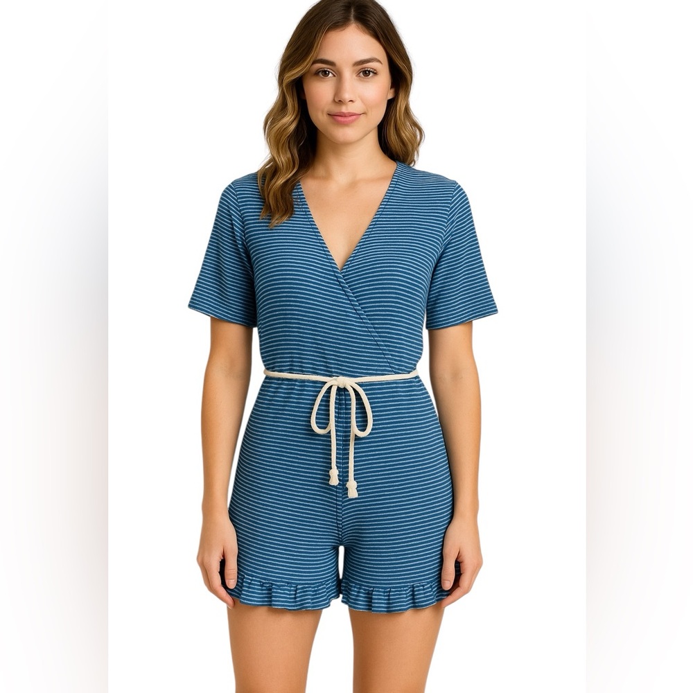 Knot Sister Blue Striped Ruffle Hem Romper